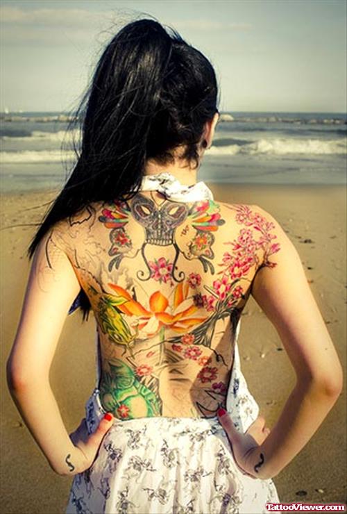 Floral Color Ink Back Tattoo For Girls