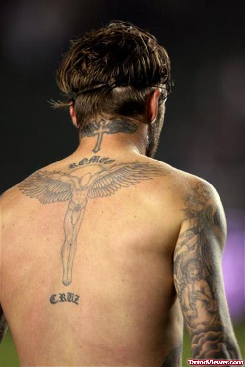 David Becham With Guardian Angel Tattoo On Back