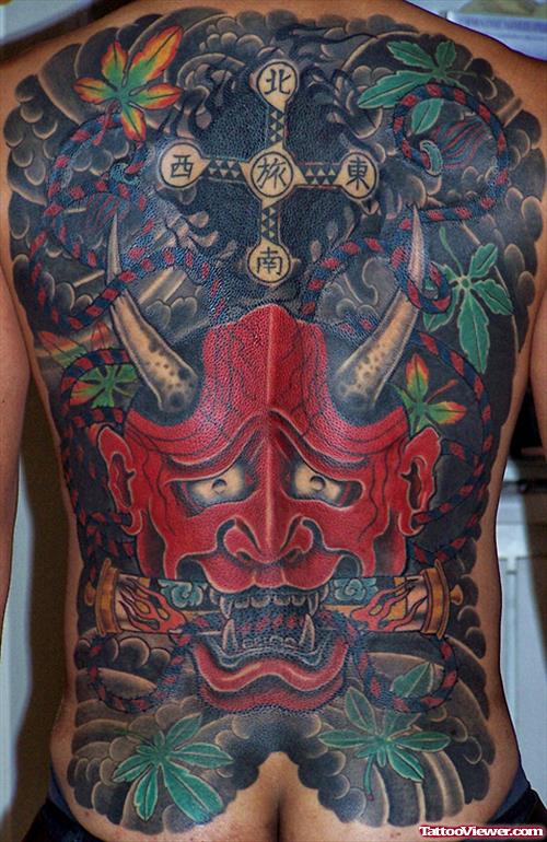 Colored Ink Demon Tattoo On Man Full Back