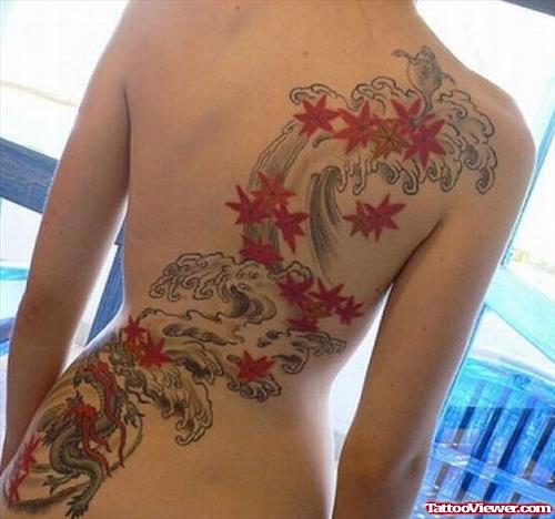 Color Ink Leafs Tattoos On Girl Back