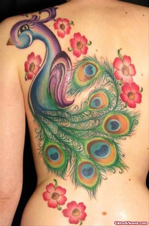 Color Flowers And Peacock Back Tattoo