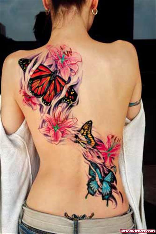 Butterfly And Colored Flowers Back Tattoo For Girls