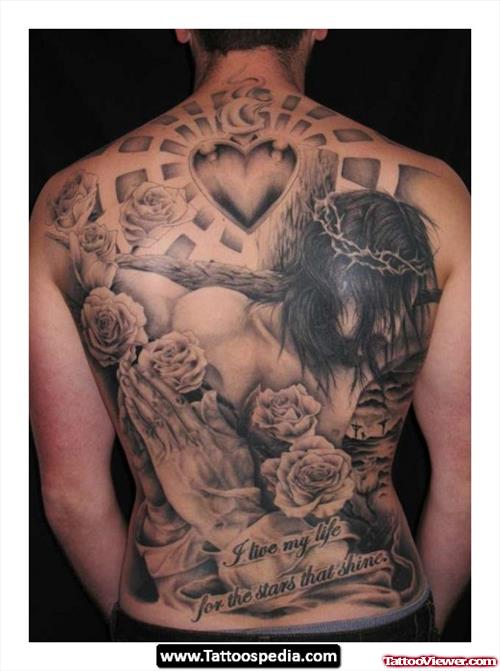 Rose Flowers, Jesus And Praying Hands Grey Ink Tattoo On Back
