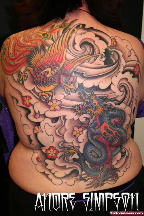 Phoenix And Dragon Colored Ink Back Tattoo