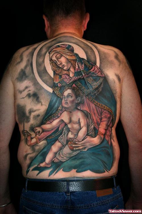 Mother Mary With Angel Color Ink Back Tattoo