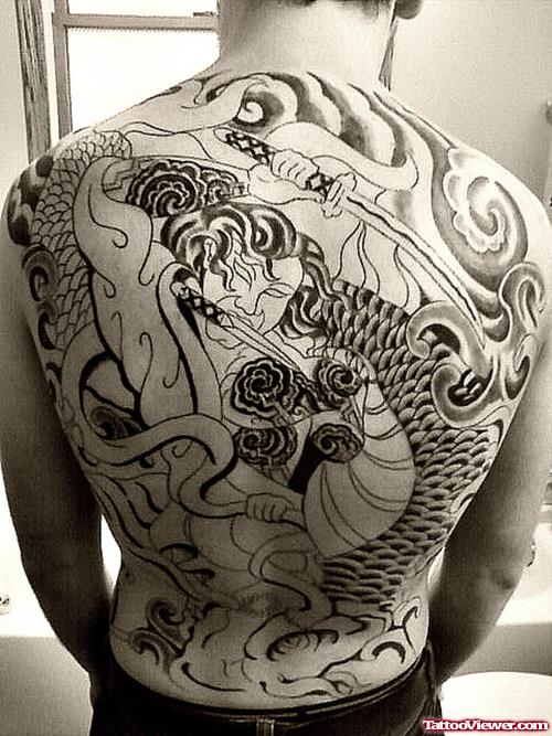 Grey Ink Samurai Asian Back Tattoo