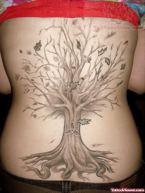 Grey Ink Large Tree Tattoo On Back