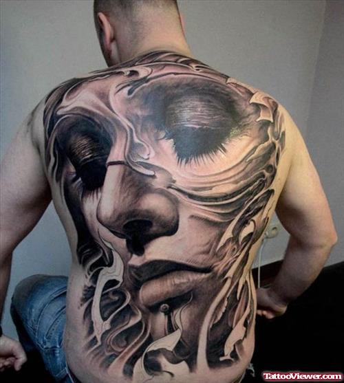 Grey Ink Girl Face 3D Back Tattoo