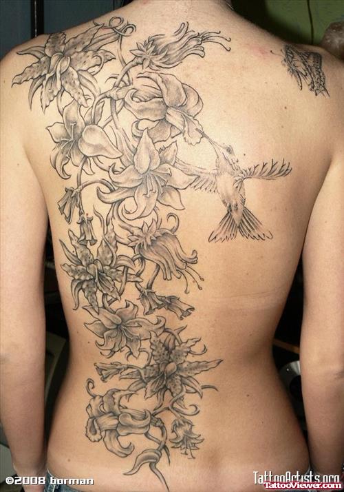 Grey Ink Flowers And Hummingbird Back Tattoo