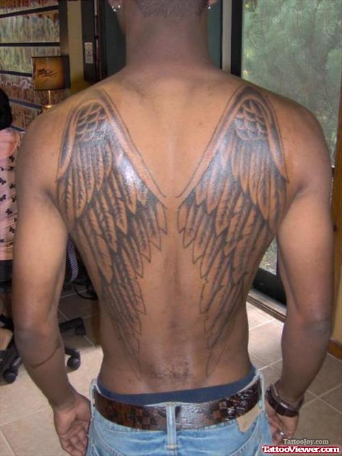 Grey Ink Angel Wings Tattoo On Man Back