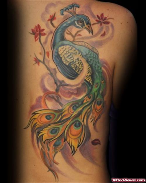 Color Leaves and Back Peacock Tattoo