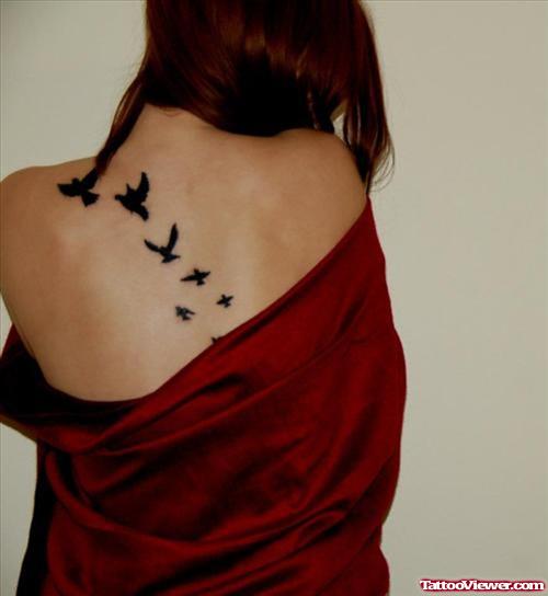 Black Ink Flying Birds Back Tattoo
