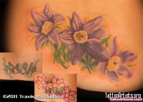 Awesome Color Flowers Back Tattoo