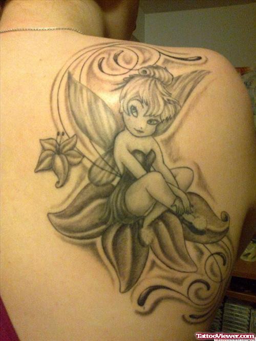 Lily Flower And Fairy Girl Grey Ink Back Tattoo