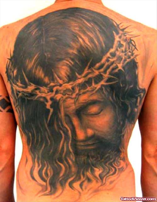 Jesus Head Black Ink Tattoo On Back
