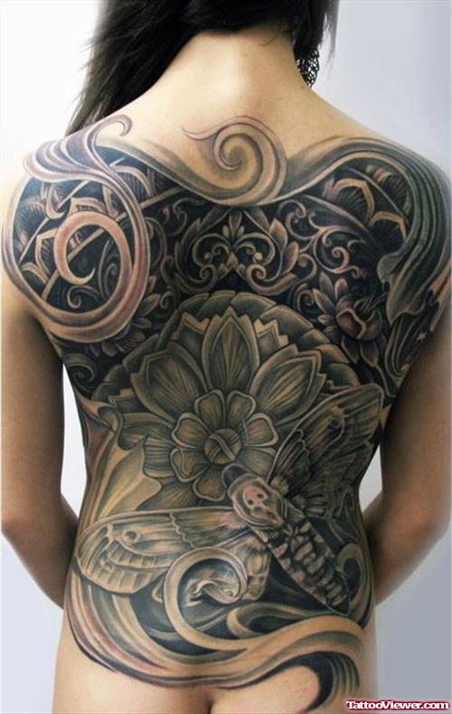 Grey Ink Flower and Moth Back Tattoo