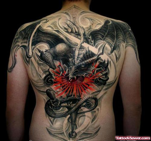 Grey Ink Dragon Full Back Tattoo
