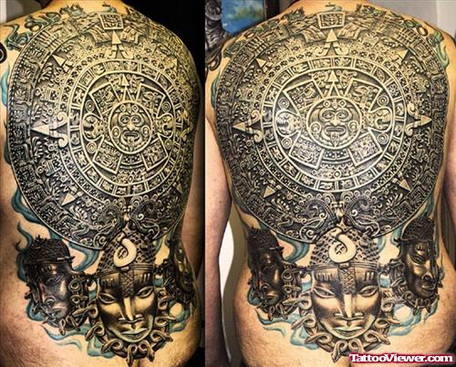 Grey Ink Aztec Full Back Tattoo
