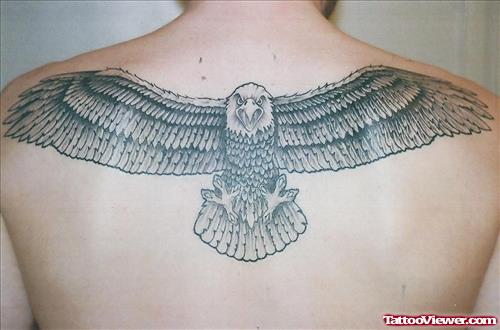 Flying Eagle Grey Ink Back Tattoo For Men