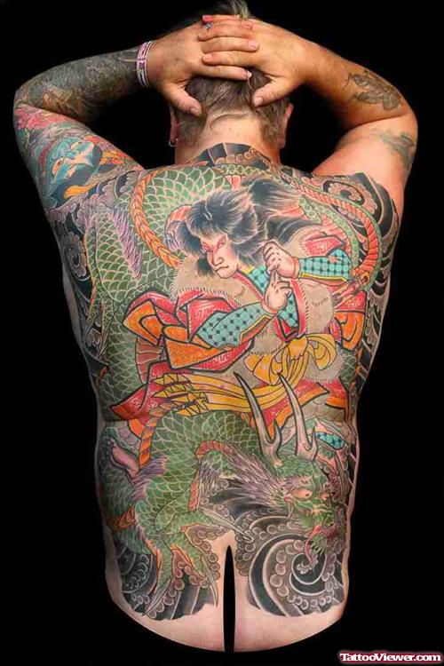 Colored Ink Dragon And Samurai Tattoo On Back