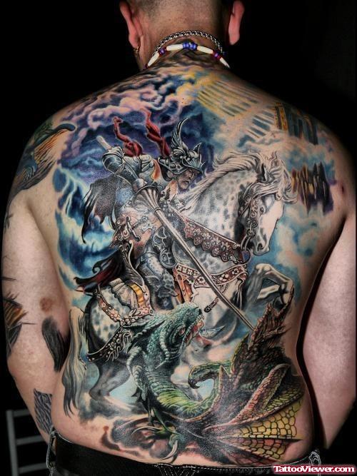 Warrior And Dragon Fish Tattoo On Back