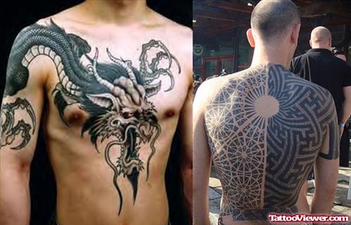 Tribal And Geometric Tattoo On Back