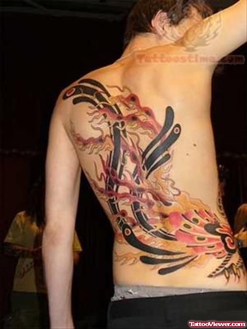 Phornix Tail Color Ink Back Tattoo