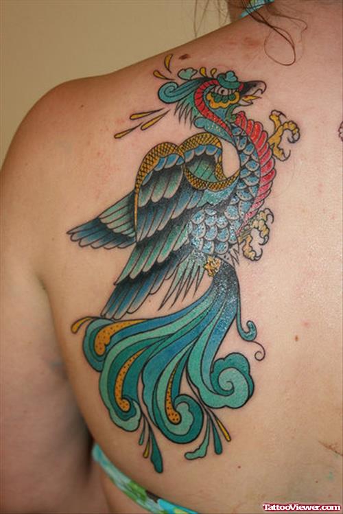 Left Back Shoulder Color Peacock Tattoo