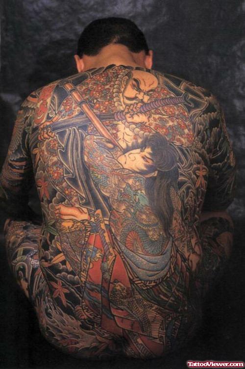 Japanese Flowers And Color Ink Samurai Back Tattoo