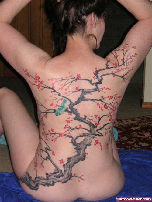 Grey Ink Tree Tattoo On Girl Back Body