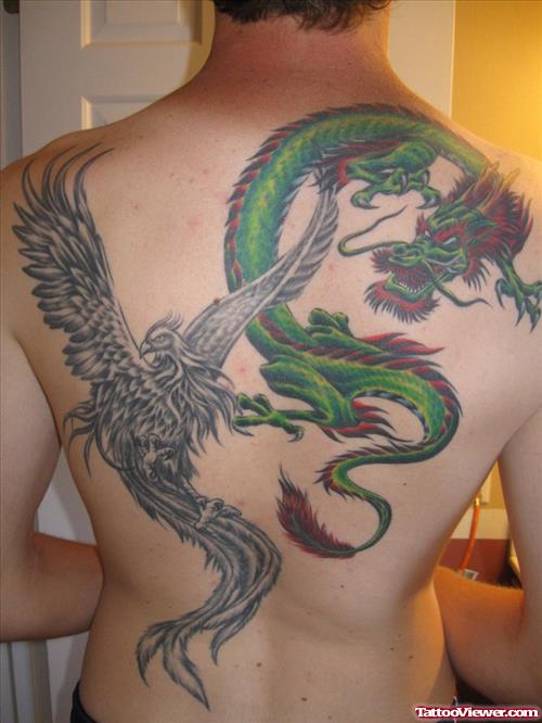 Grey Ink Phoenix and Green Ink Dragon Back Tattoo