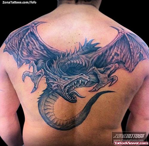 Grey Ink Dragon Tattoo On Man Back Body