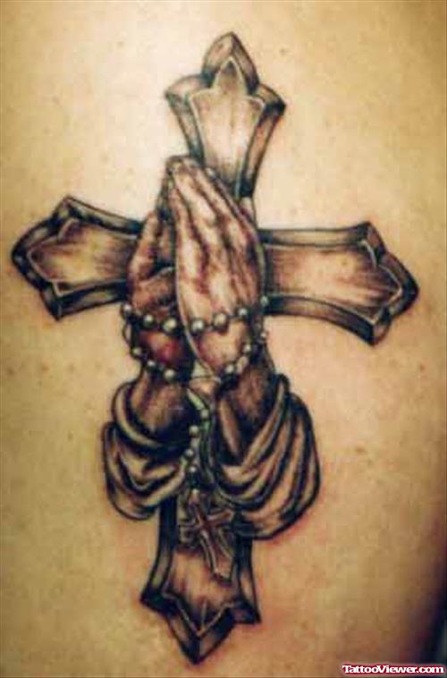 Grey Ink Cross And Praying Hands Back Tattoo