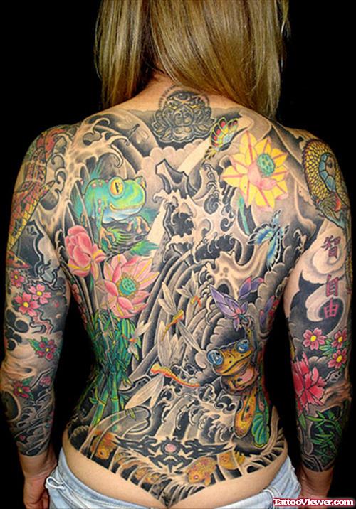 Colored Ink Japanese Flowers And Animals Back Tattoo For Girls
