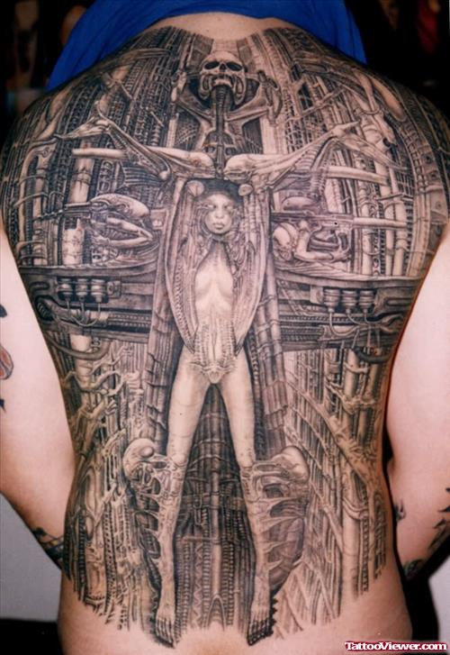 Biomechanical Demon Girl Grey Ink Tattoo On Back