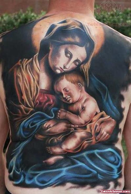 Saint Mary And Child Tattoo On Back