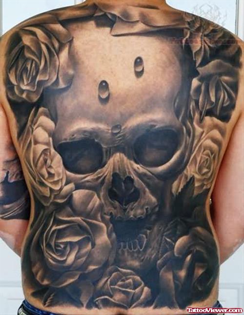 Flowers And Skull Tattoo On Back
