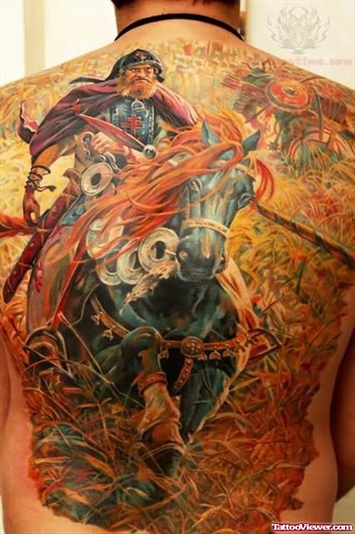 Soldier On Horse Tattoo On Back