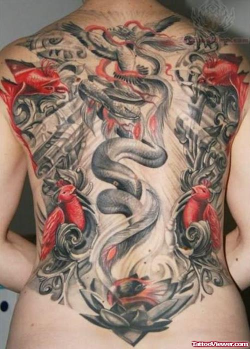 Snake And Birds Tattoo On Back