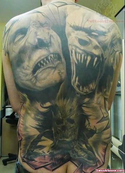 Scary Grey Ink Zombie Tattoo On Back