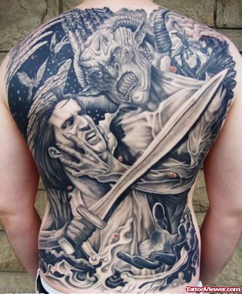 Satan And Soldier Fight Tattoo on Back