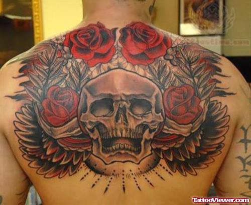 Red Roses And Winged Skull Tattoo On Back