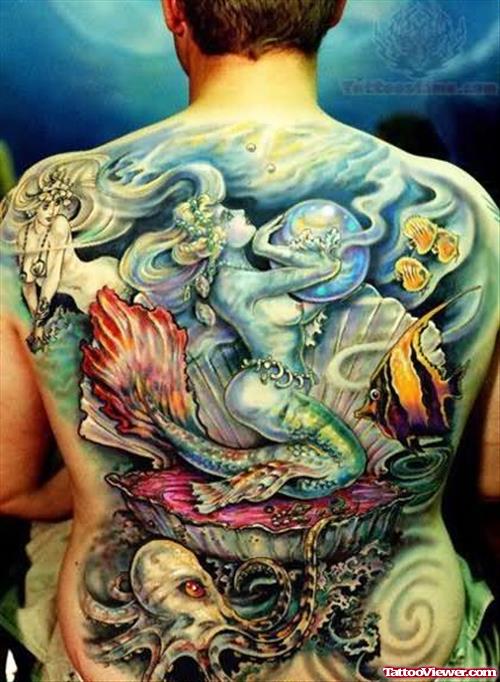 Mermaid in Ocean Tattoo On Back