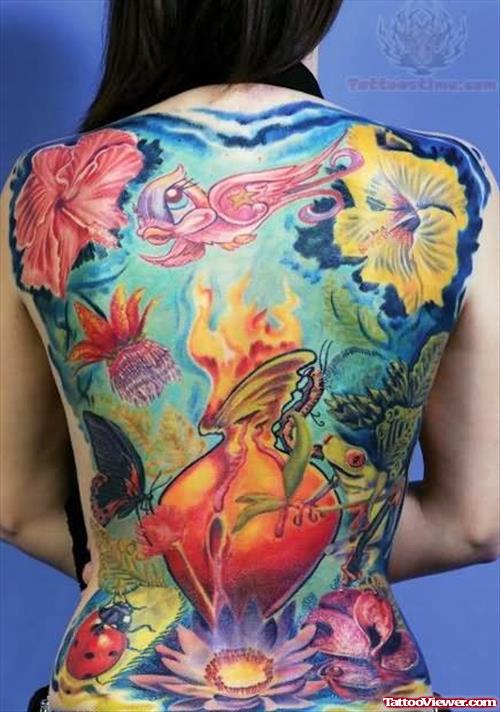 Flowers And Bird Tattoo On Back