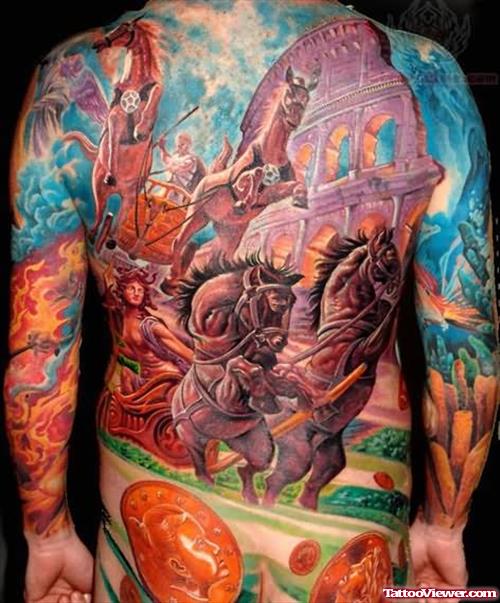 Colorful Running Horses Tattoo On Back
