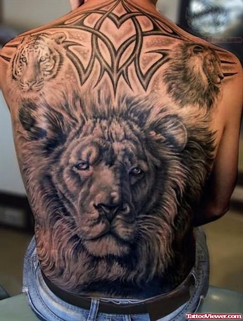 Tribal And Lion Tattoo On Back