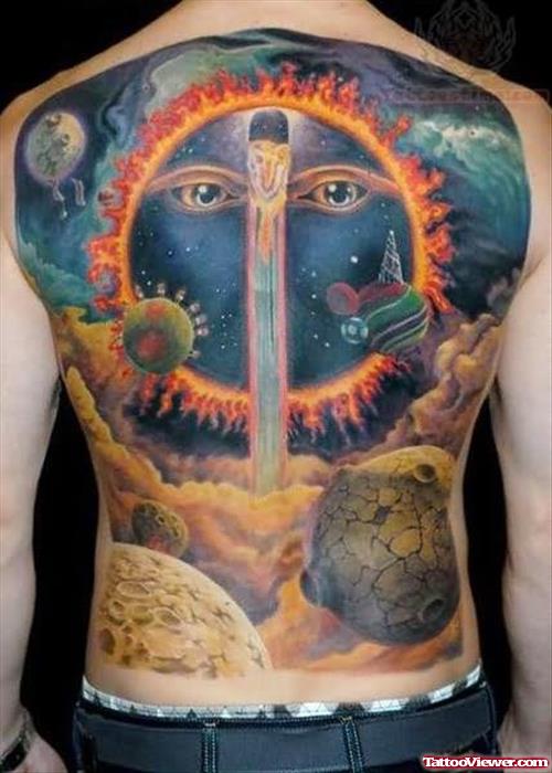Sun And Planets Tattoo On Back