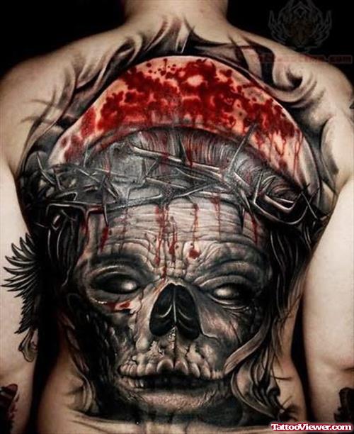 Grey Ink Vampire Skull Tattoo On Back