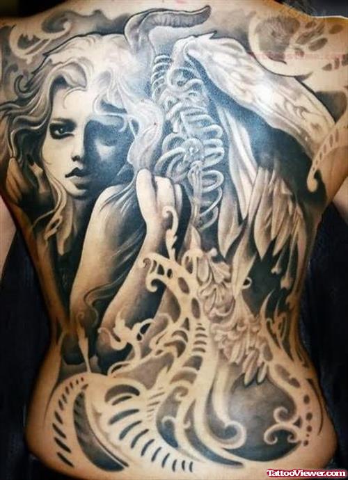 Grey Ink Girl Tattoo On Back For Men