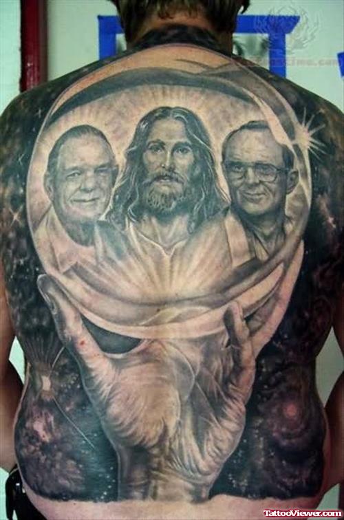 Grey Ink Back 3D Religious Tattoo